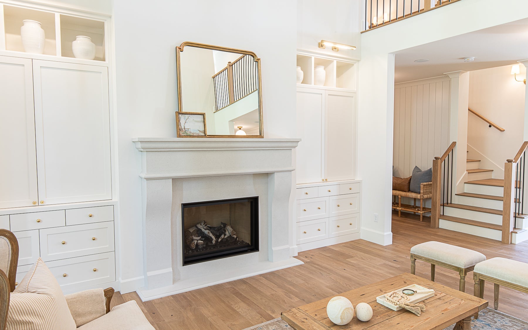 New French cast limestone mantel and surround — installed product photo